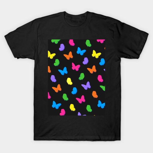 Multi Colour Butterflies with Black Background T-Shirt by OneThreeSix